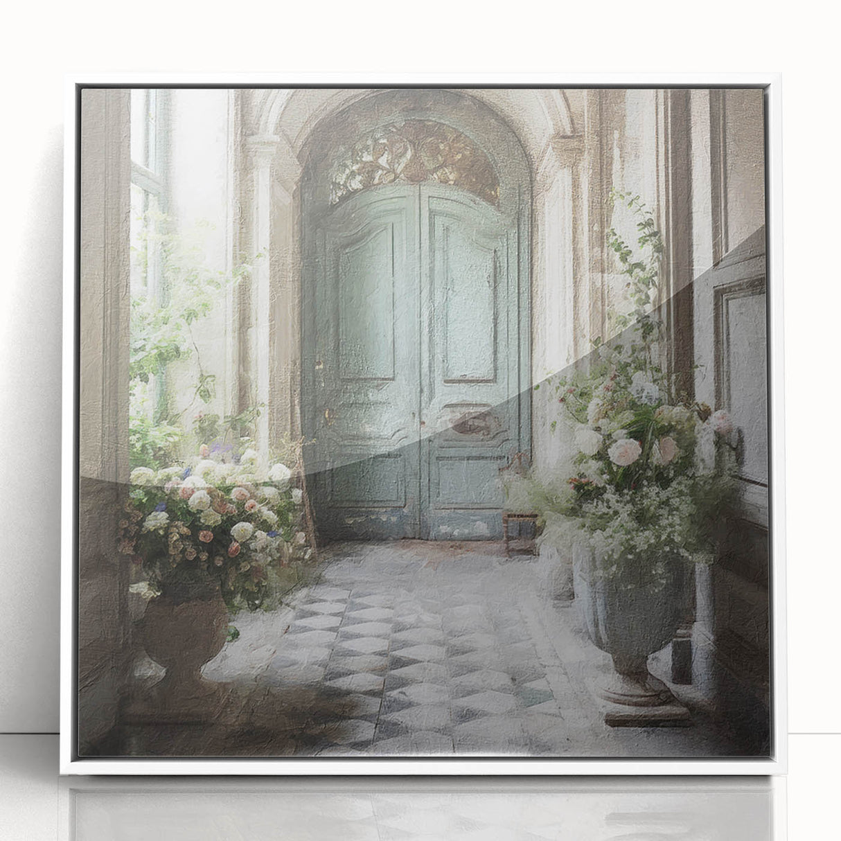 Art deco poster featuring a monochrome French door design on a white acrylic framed print, ideal for modern art wall decor.