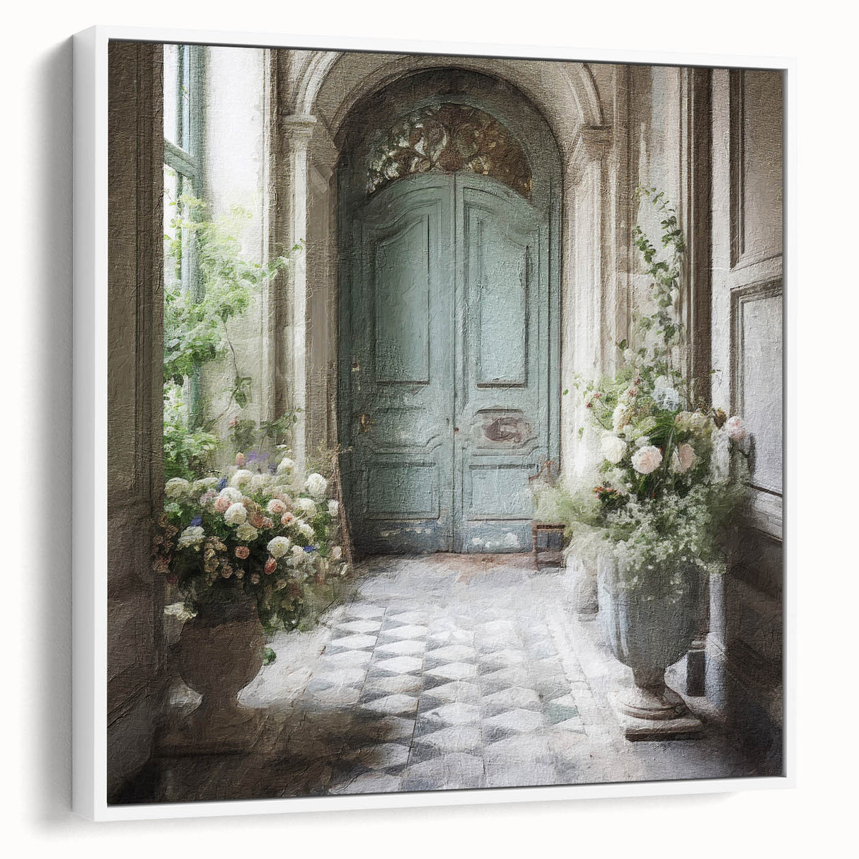 Vintage poster art of a French door, framed canvas in white, ideal for living room decor, featuring black and colorful art.