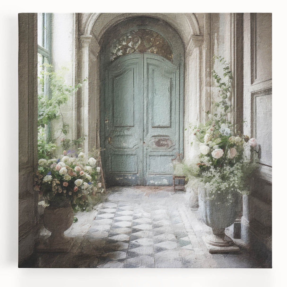 Black and white photo of a French door on stretched canvas, suitable for kitchen wall art.