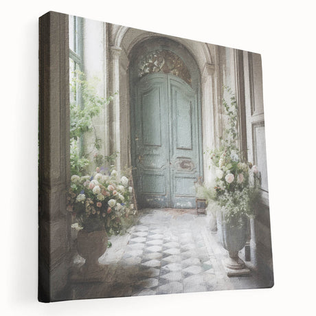 Side view of a large art print depicting an ornate French door, rendered in muted earth tones on stretched canvas.