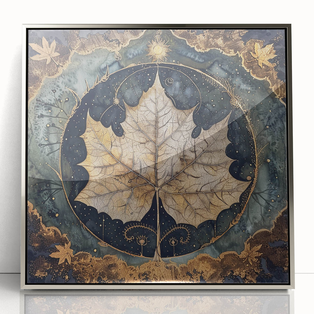 Framed acrylic wall art showcasing a vibrant design of flowers and botanical leaves, featuring a sleek silver frame that enhances its modern appeal. Perfect for adding a touch of nature to home decor.
