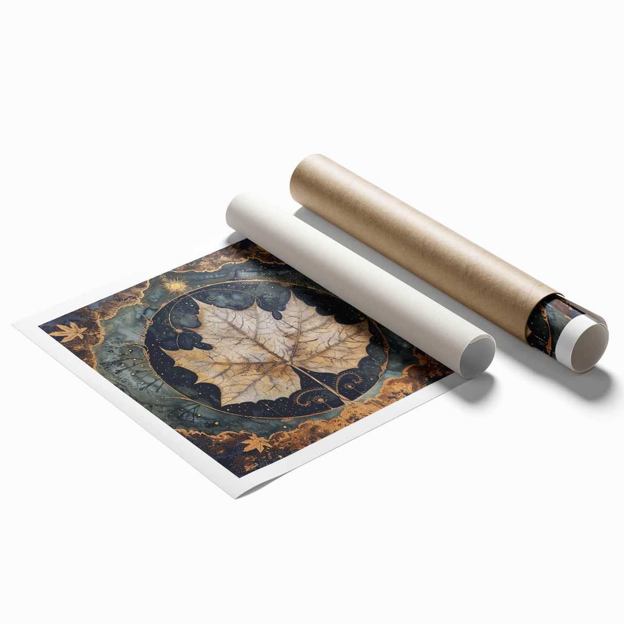 Vibrant rolled wall art print featuring an intricate design of flowers and botanical leaves, showcasing rich colors on a textured background, ideal for home decor.