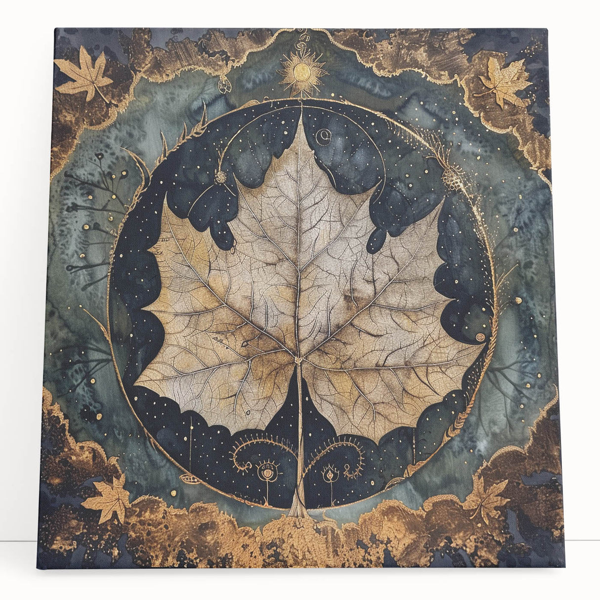 Vibrant wall art featuring an intricate design of colorful flowers and botanical leaves on stretched canvas, elegantly leaning against a neutral wall, perfect for home decor.