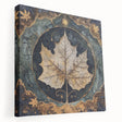 Stretched canvas wall art showcasing a vibrant floral and botanical design with intricate leaves, displayed in a side view, ideal for home decor enhancement.