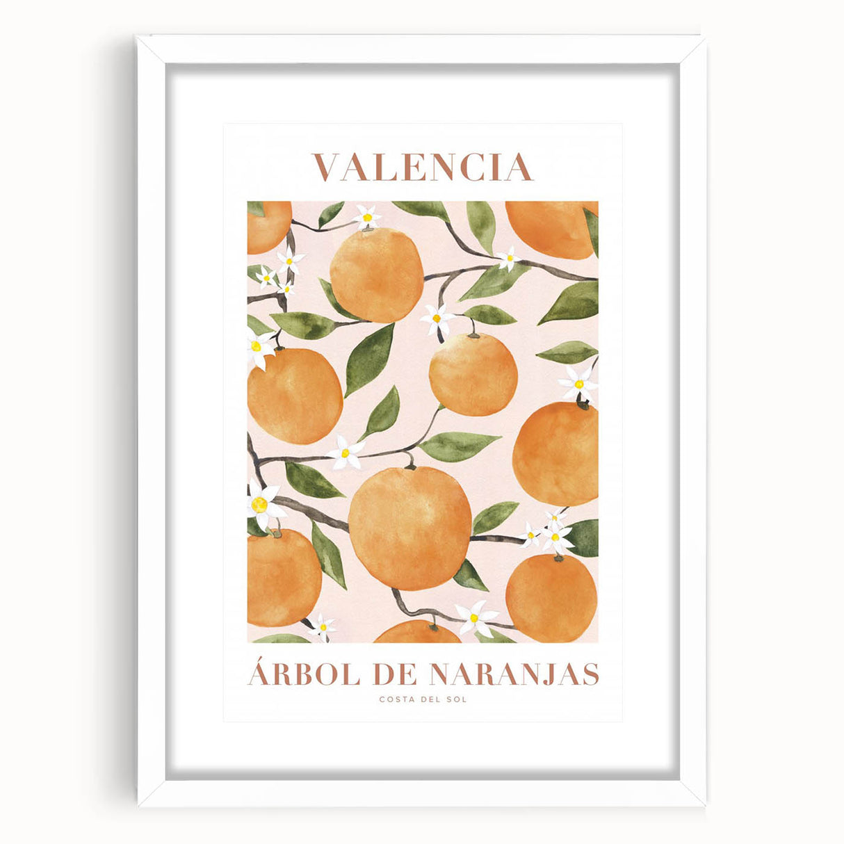 Abstract art print featuring assorted fruits in vibrant colors on a white framed poster, ideal for dining room decor.