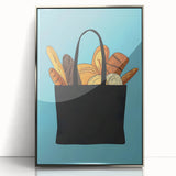 Mid-century modernist art featuring assorted pastries in muted colors, framed acrylic print, ideal for nursery wall art.
