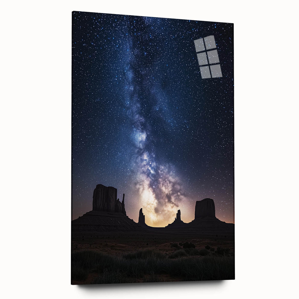 Acrylic glass artwork showcasing a vibrant desert landscape in a side view, highlighting intricate details and warm colors, perfect for modern home decor.