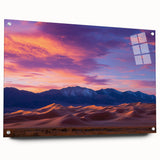 Acrylic glass artwork showcasing vibrant desert dunes in a side view, elegantly displayed with decorative pins, perfect for modern home decor.
