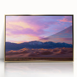 Framed acrylic artwork showcasing an abstract landscape of golden dunes, set against a serene background, ideal for modern home decor.