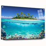 Acrylic print of a serene Seychelles landscape, featuring lush greenery and ocean, ideal for bedroom or dining room decor.