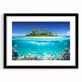 Extra large abstract art print of Seychelles scenery in vibrant colors on a textured canvas, framed in black.