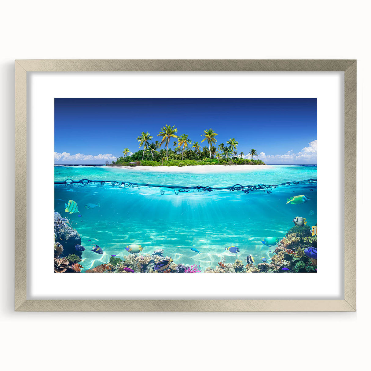 Textured art print of an abstract Seychelles landscape in muted blue and green hues, framed in silver, ideal for bedroom art.