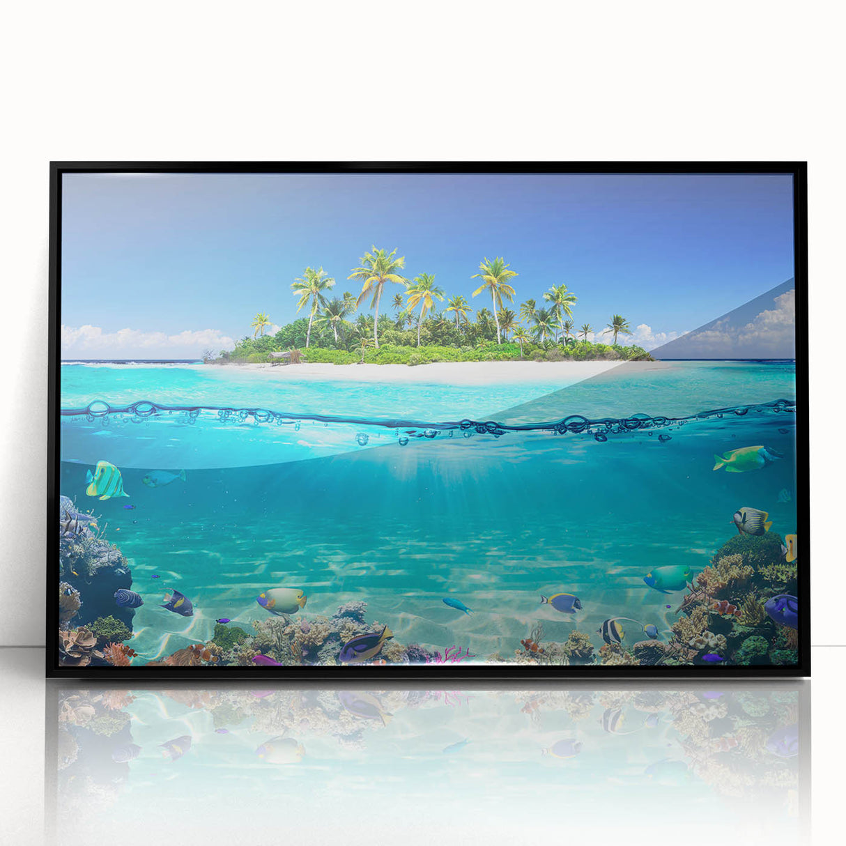Large abstract wall art depicting the Seychelles scenery in muted earth tones on a framed acrylic.