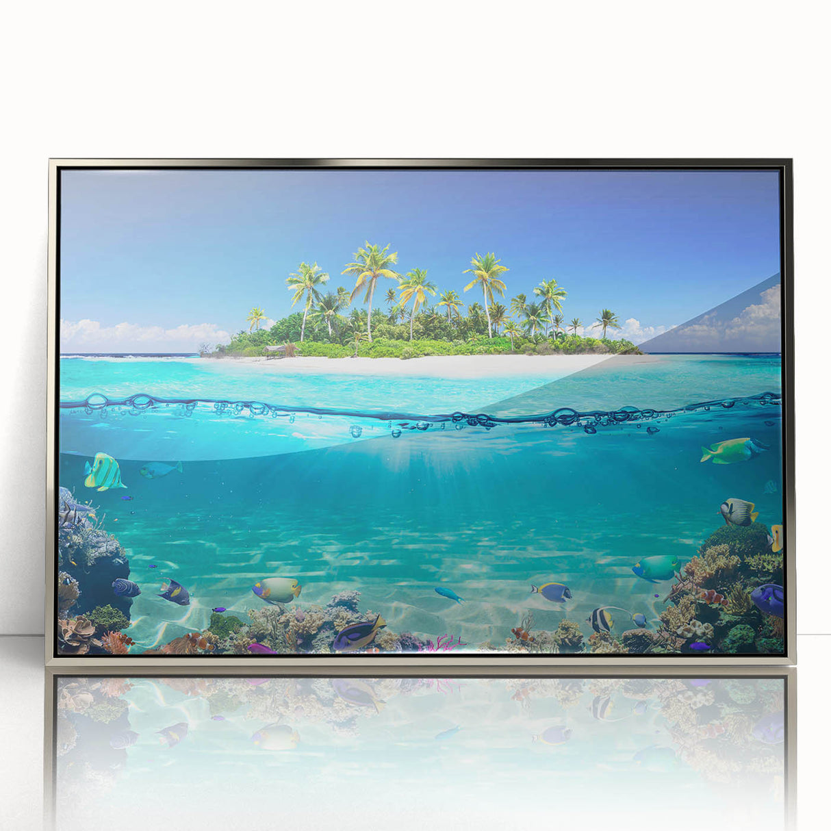 Mid-century modernist style acrylic print featuring a serene Seychelles landscape, ideal for modern art wall decor.