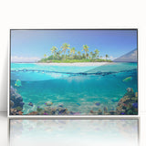 Acrylic print of a serene Seychelles landscape in subtle hues, framed in white, suitable for modern art wall decor.
