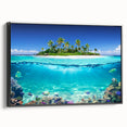 Black and white framed canvas featuring a vintage poster-style landscape of Seychelles, ideal for bedroom decor.