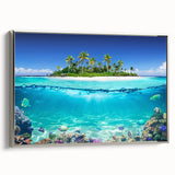 Framed canvas of a Seychelles landscape with vibrant colors and silver frame, ideal for living room decor.
