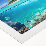 Art deco poster of Seychelles scenery on rolled canvas, featuring pastel shades, ideal for dining room wall art.