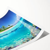 Extra large rolled print depicting Seychelles scenery with floral and line art flowers in vibrant hues.