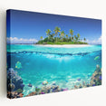 Large stretched canvas featuring a serene Seychelles landscape in muted blue and green tones, ideal for kitchen wall art.