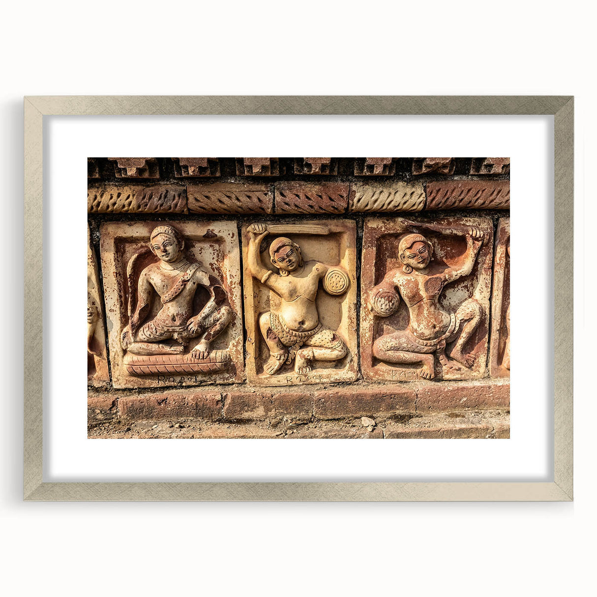 Textured abstract art print depicting a serene Bangladesh landscape in muted earth tones, framed in silver.