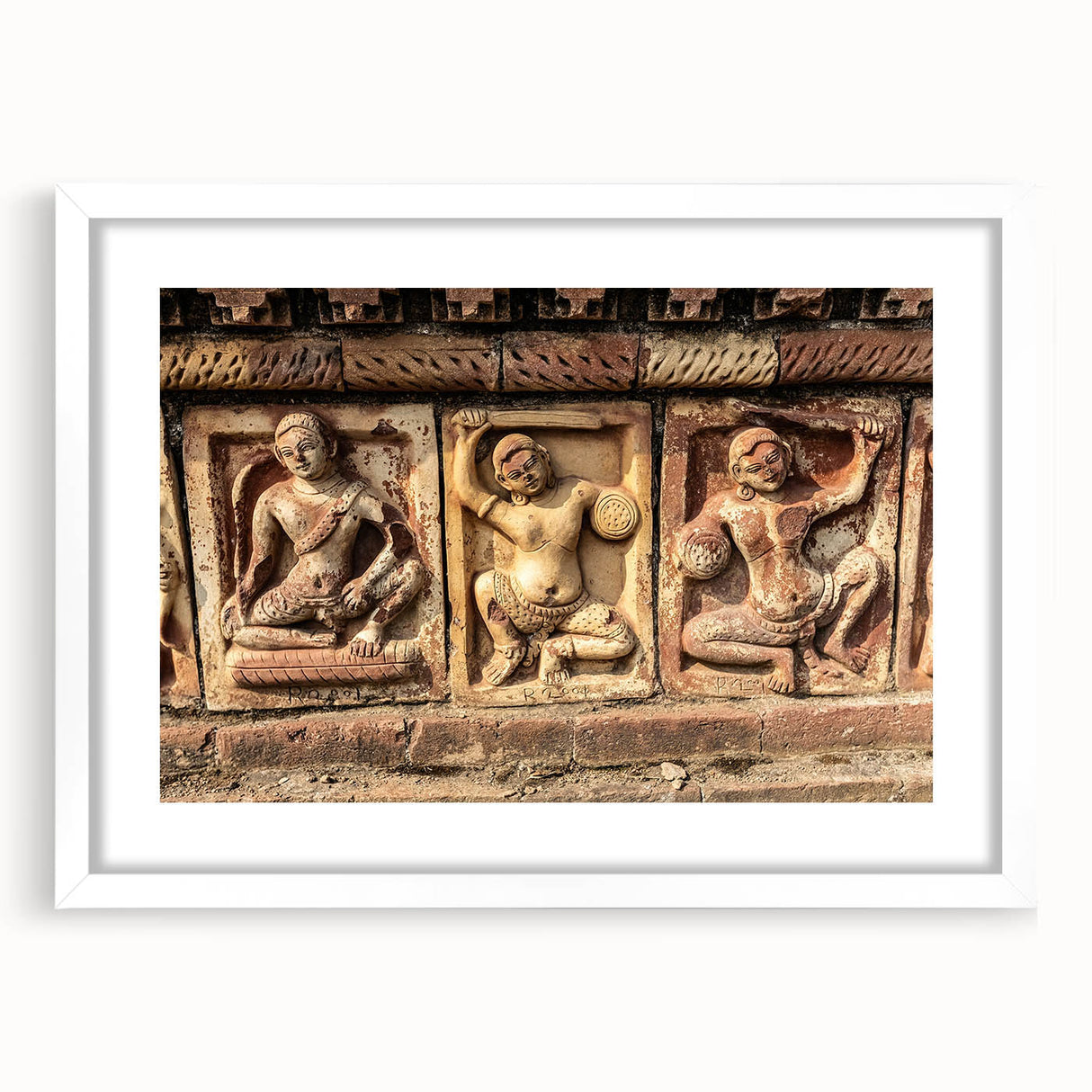 Abstract art print of a Bangladesh scenery in muted earth tones on a framed white mat, ideal for dining room decor.