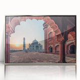 Mid-century modernist art depicting a serene Indian landscape in muted earth tones, framed acrylic.