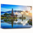 Large abstract wall art featuring a serene Indonesian landscape in muted green and blue tones, acrylic print.