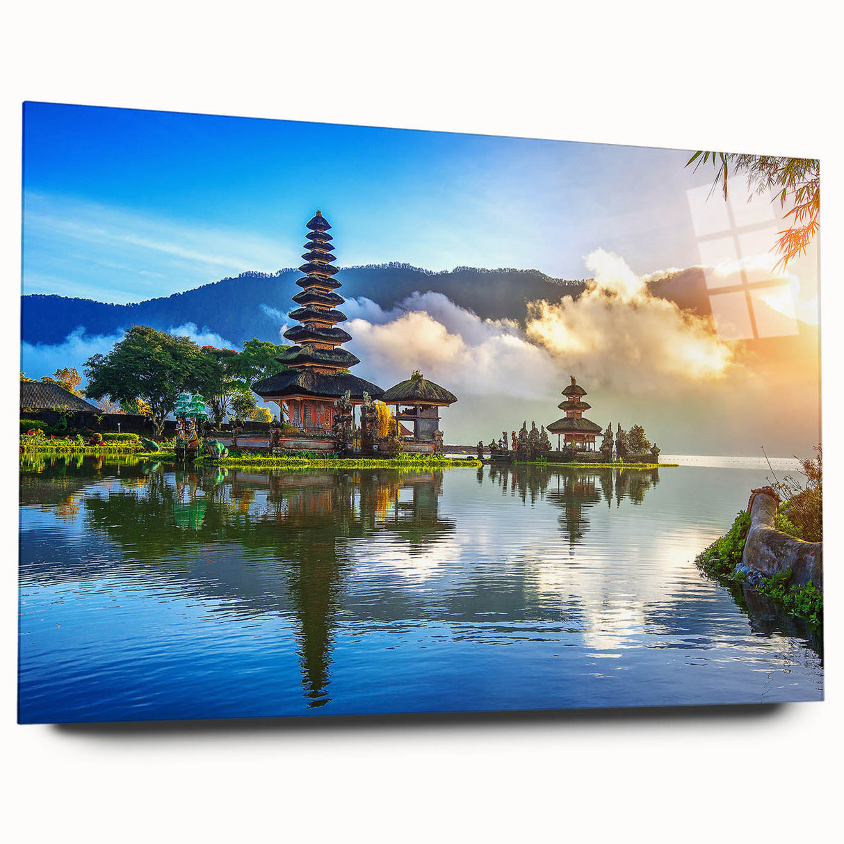 Large abstract wall art depicting an Indonesian landscape in muted earth tones on acrylic glass.