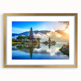 Extra large abstract art print of a textured Indonesian landscape in muted earth tones, framed in gold.