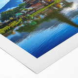 Art deco poster featuring an Indonesian landscape in muted earth tones on rolled canvas, suitable for dining room decor.