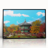 Large abstract wall art featuring a mid-century modernist Korean scenery in muted earth tones on a framed acrylic panel.