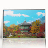 Acrylic print of a serene Korean landscape in pastel shades, framed in white, suitable for modern art wall decor.