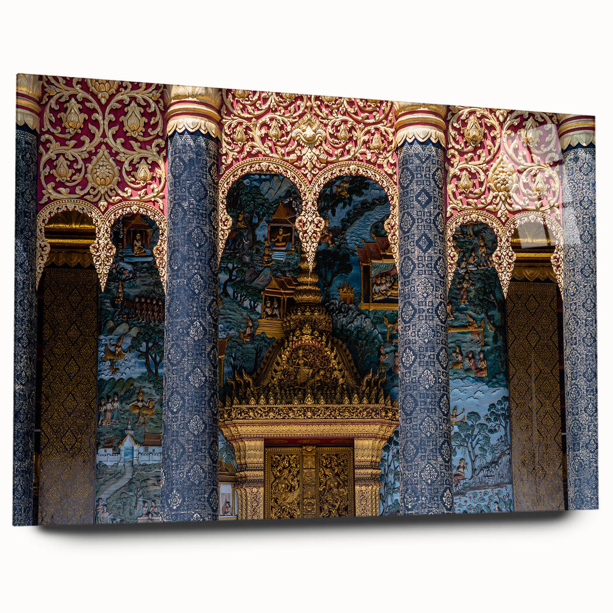 Large abstract wall art of a Laos scenery in muted earth tones on acrylic glass, suitable for bedroom or dining room decor.