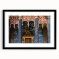 Colorful abstract art print of Asian scenery in vibrant hues on a textured, extra large canvas, framed in black.