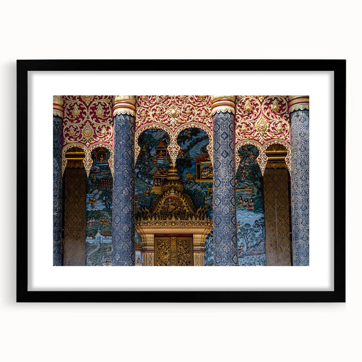 Colorful abstract art print of Asian scenery in vibrant hues on a textured, extra large canvas, framed in black.