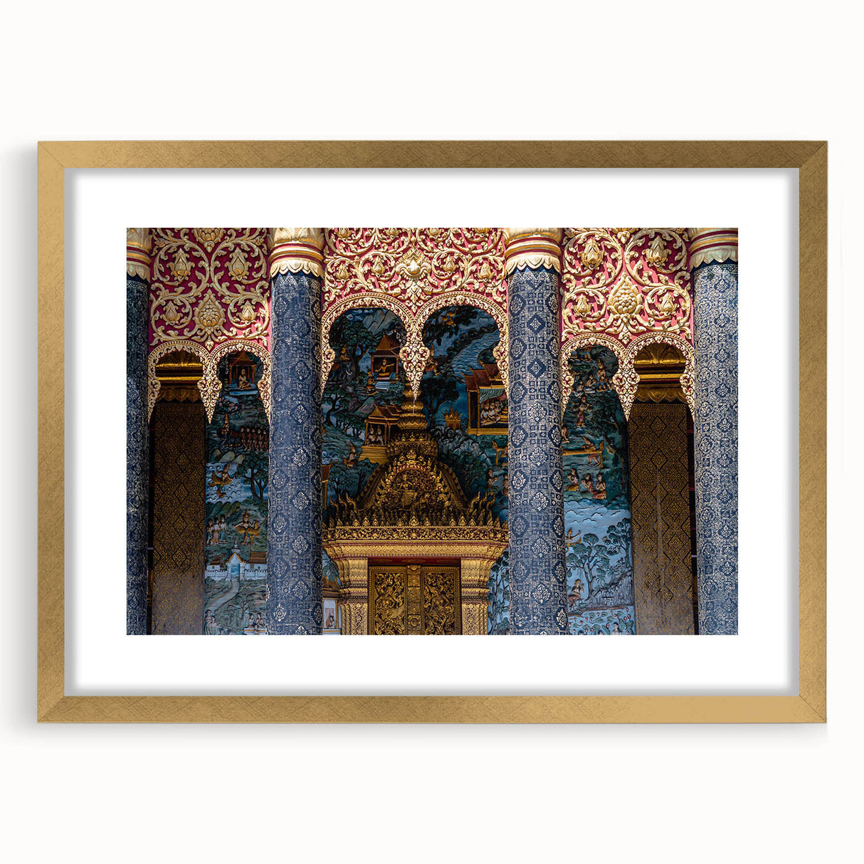 Extra large abstract art print featuring textured scenery of Laos in muted gold and green tones, framed with a gold mat.