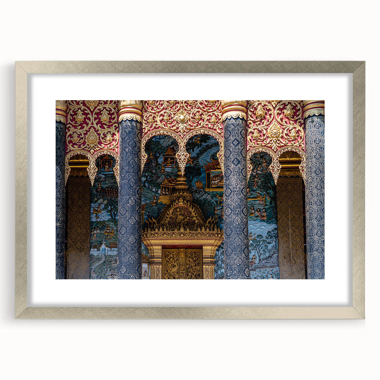 Textured abstract art print depicting a serene Laos scenery in muted earth tones, framed in silver, ideal for bedroom art.