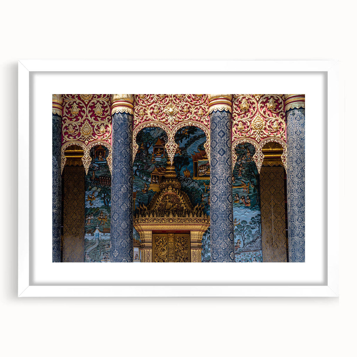 Abstract art print featuring a serene Laotian landscape in muted earth tones, framed in white.