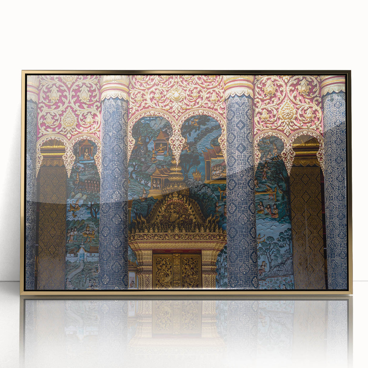 Mid-century modernist acrylic print of a Laos scenery in gold and green tones, perfect for modern art wall decor.