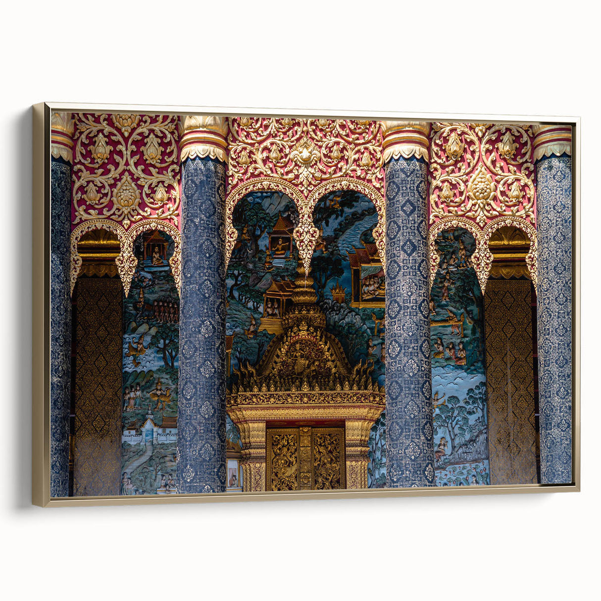 Framed canvas depicting a vintage-style Laos landscape in muted gold and black tones, ideal for bedroom wall decor.