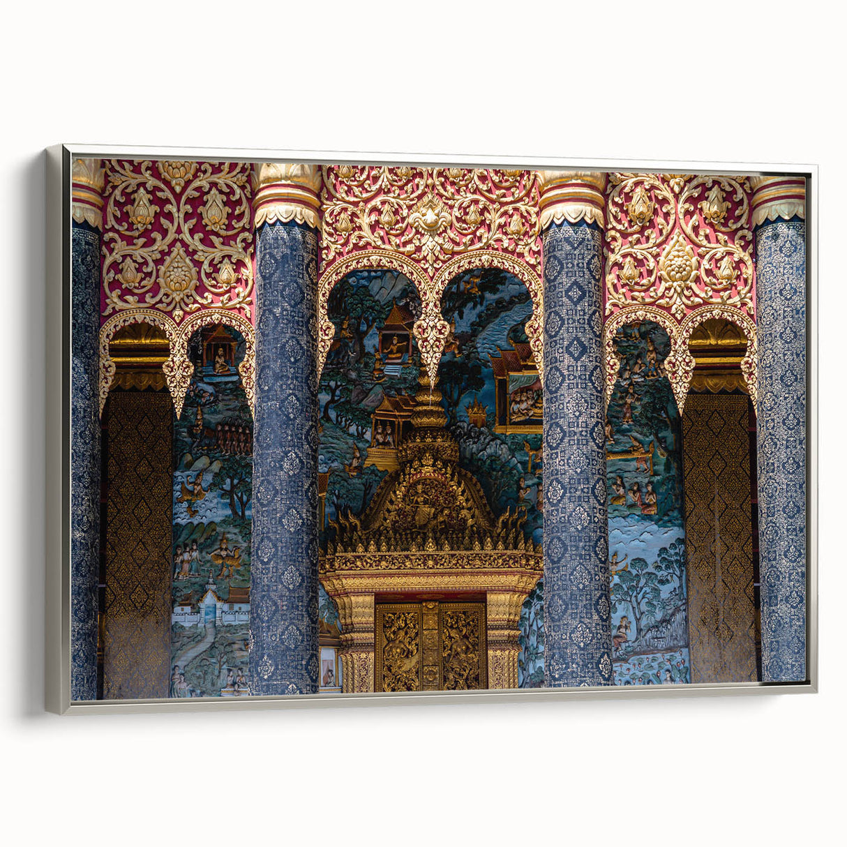Landscape art painting of a serene Laos scenery in vibrant colors on a silver-framed canvas, ideal for living room decor.