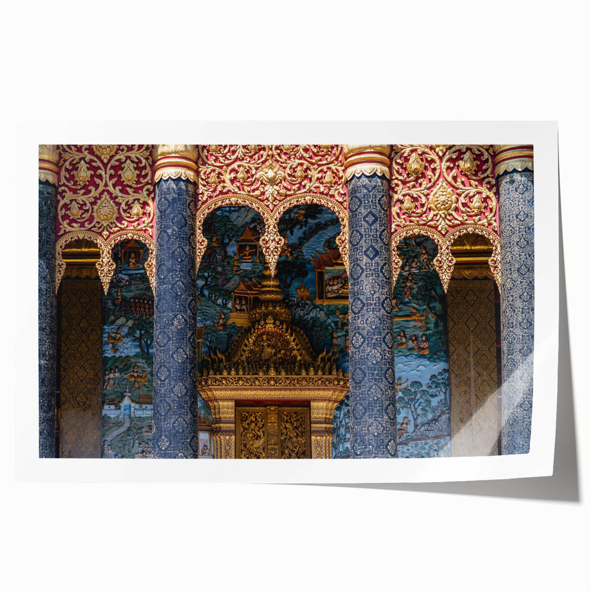 Extra large rolled print of a Laos scenery with lush greenery and floral elements, suited for dining room decor.
