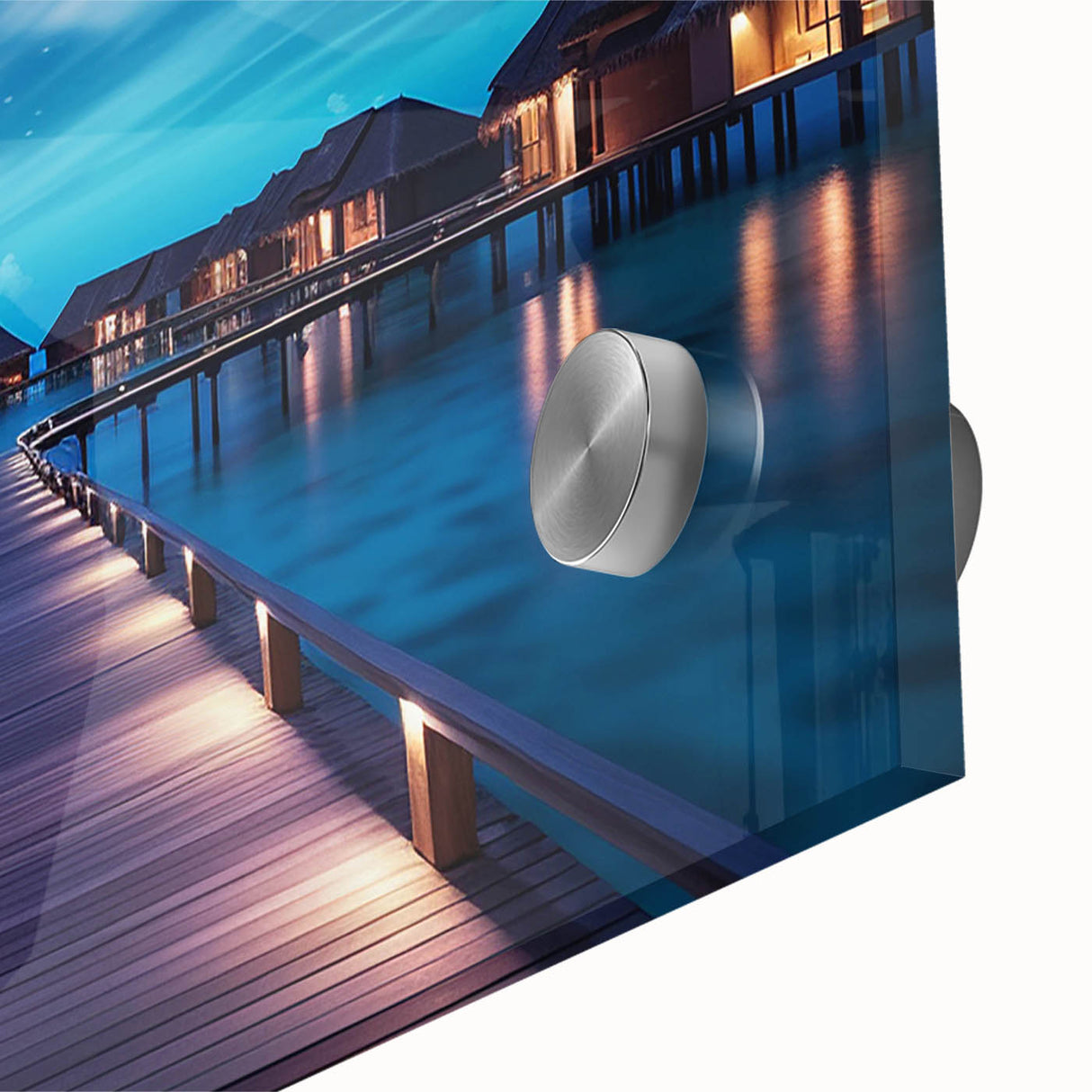 Large abstract wall art depicting the Maldives in muted blue tones on acrylic glass, suitable for dining room ambiance.