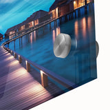 Large abstract wall art depicting the Maldives in muted blue tones on acrylic glass, suitable for dining room ambiance.