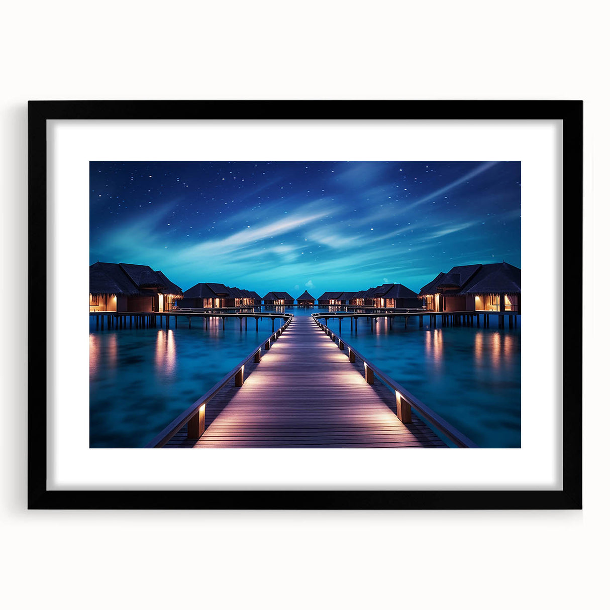 Extra large abstract art print featuring a colorful, textured depiction of Maldivian scenery on a framed black mat.