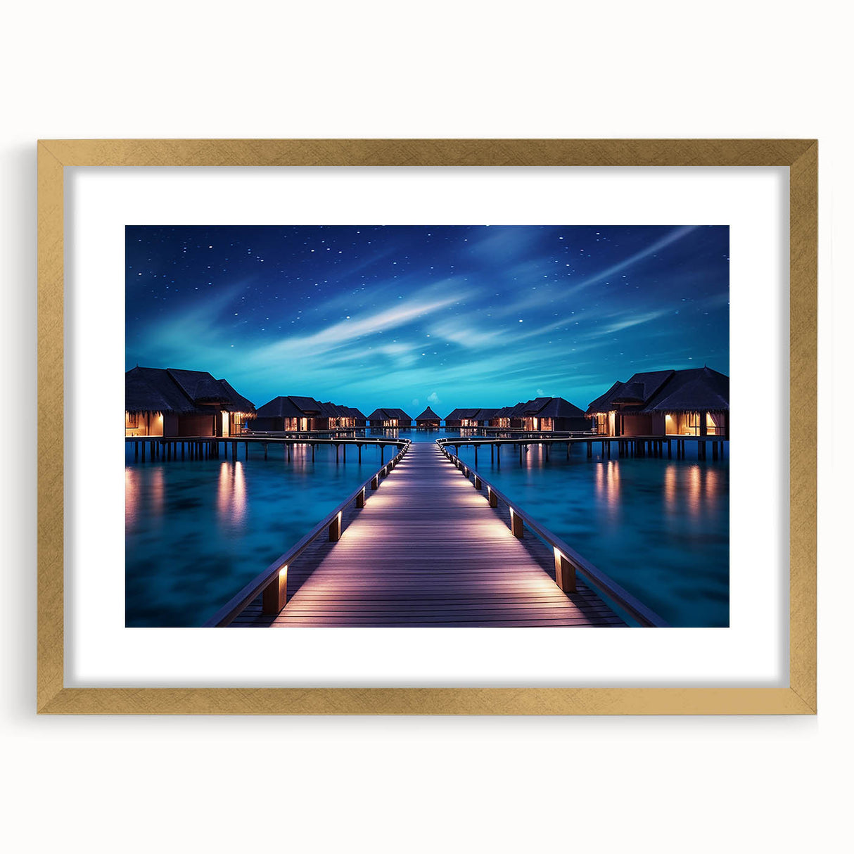 Extra large abstract art print depicting a serene Maldivian scenery in muted blue and green tones, framed in gold.