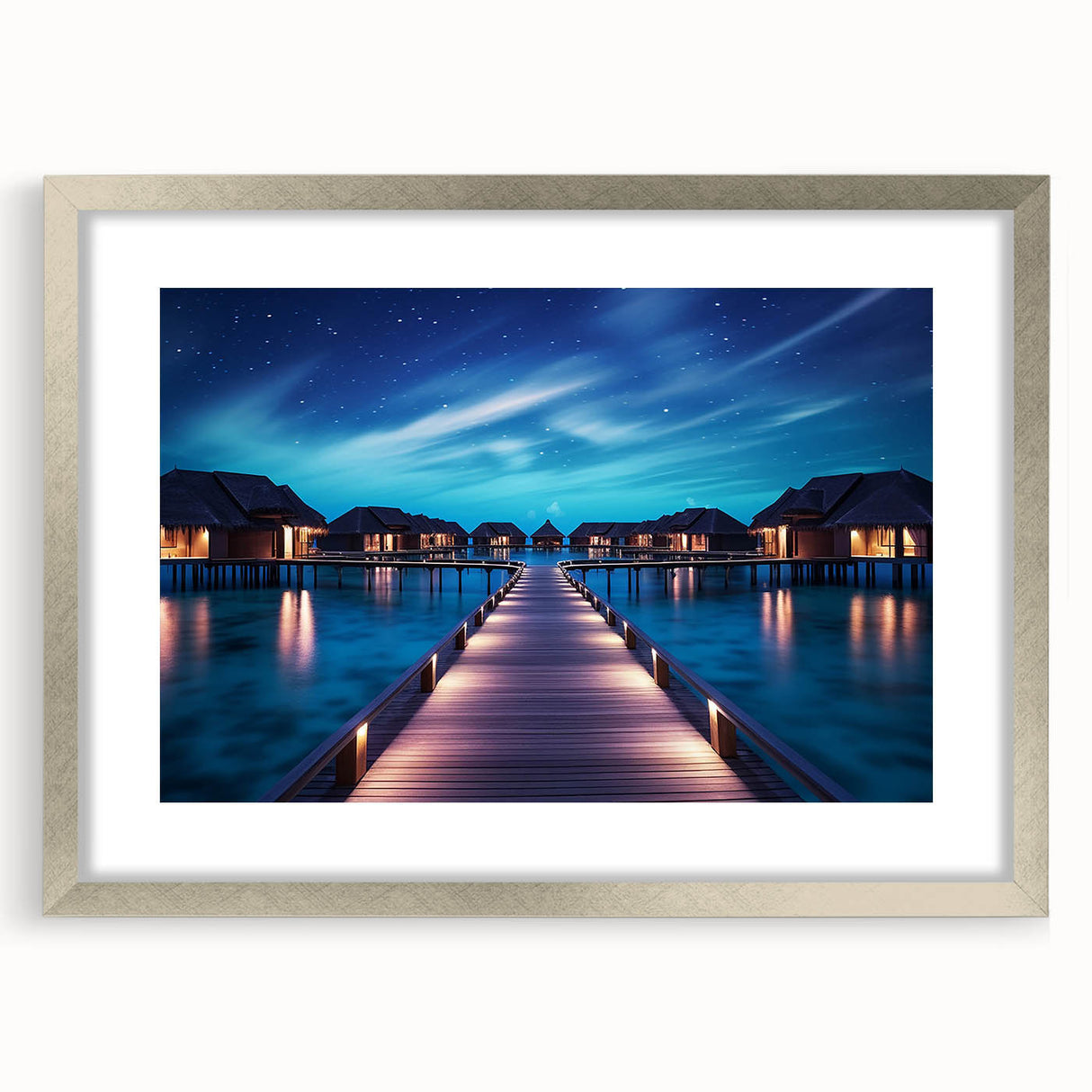 Textured art print of an abstract Maldives scenery in muted blue and white tones on a silver-framed mat.