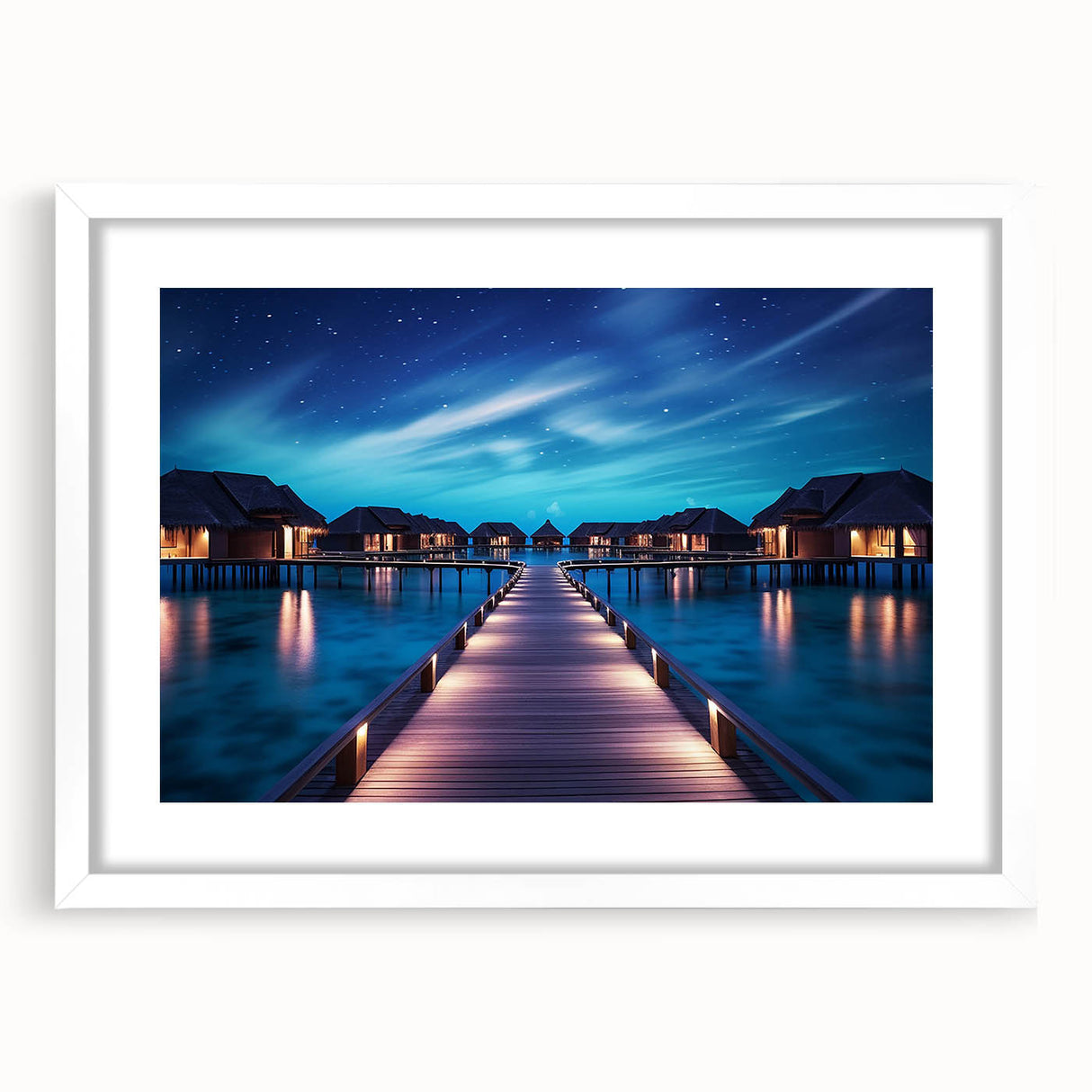 Abstract art print depicting a serene Maldivian landscape in soft blue and white tones, framed with a white mat.