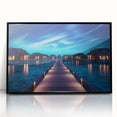 Framed acrylic print of a large abstract depiction of Maldivian scenery in muted blue and green tones.